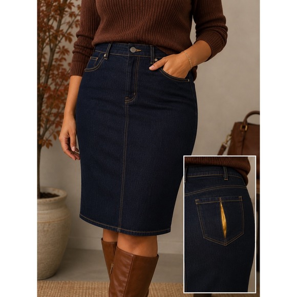 Ashley Stewart Dresses & Skirts - XL 155 Ashley Stewart NWT Dark Indigo Denim Pencil Skirt Contrast Stitch Pockets